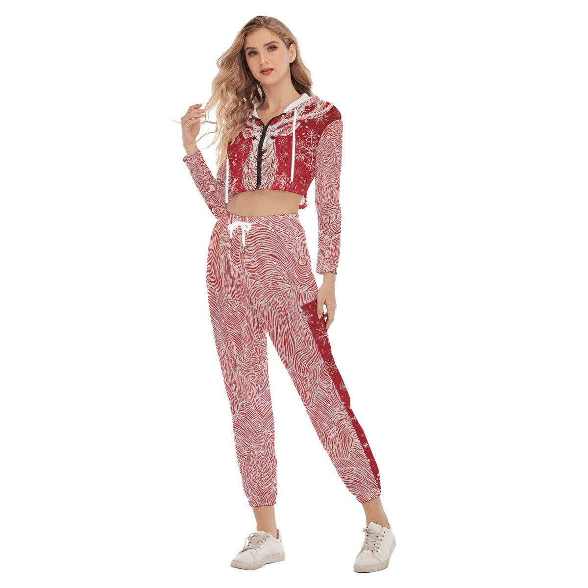 Women's Christmas Crop Hoodie & Pants Set. Red & White Christmas Pajamas Alternative. WickedYo.